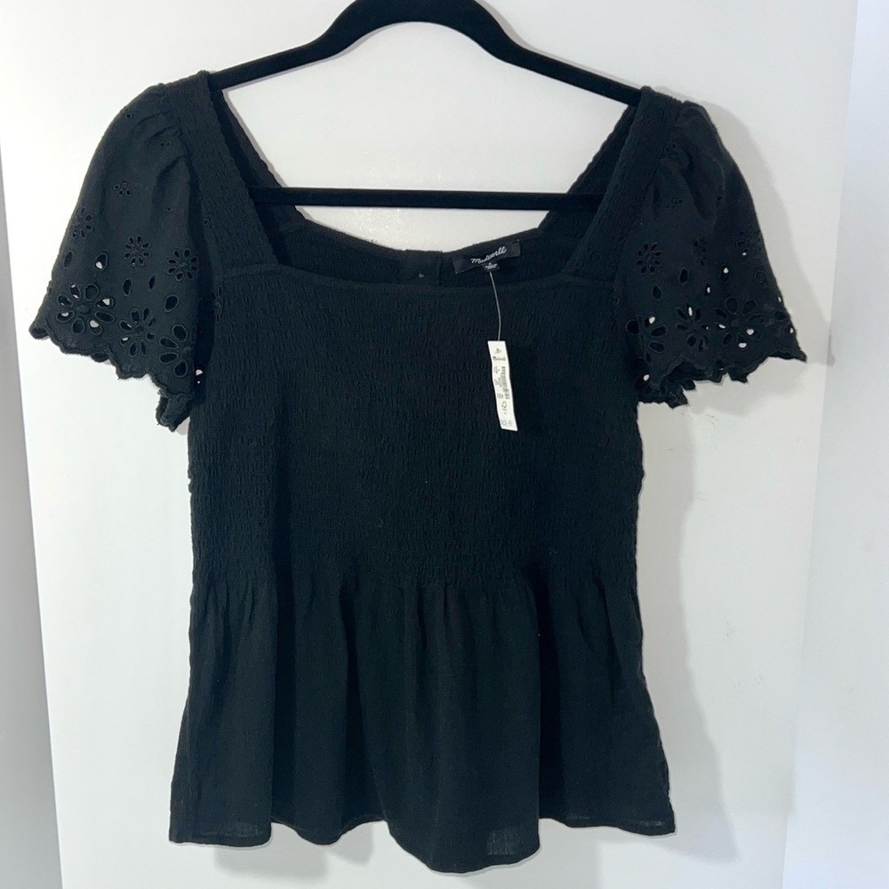 NWT Madewell Eyelet‎ Lucie Square Neck Smocked Short Eyelet Sleeve Top Black S